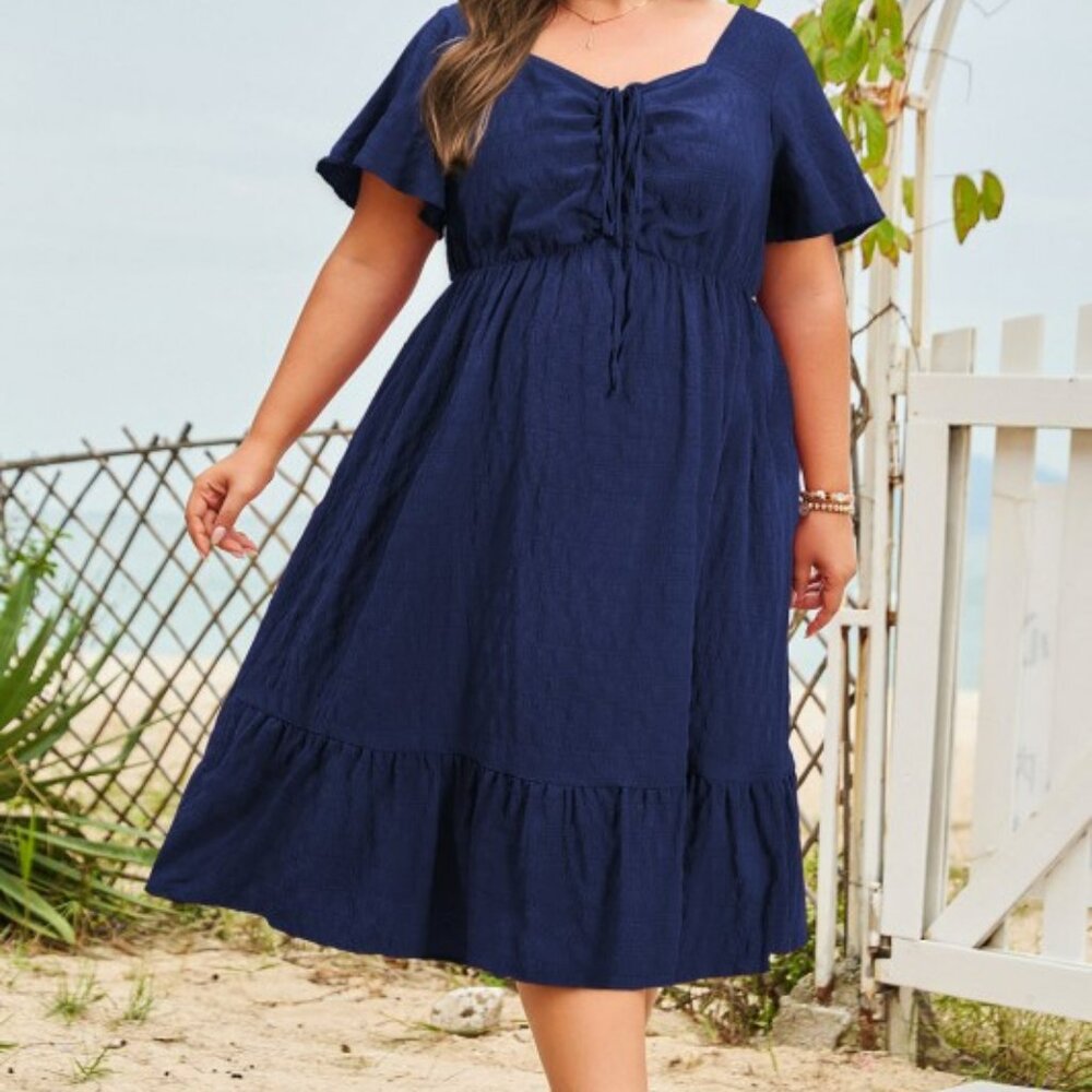 Plus Size Ruched Lace-Up Short Sleeve Blue Midi Dress